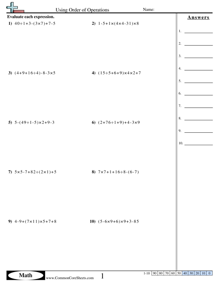 Order of Operations Worksheets - Using Order of Operations worksheet